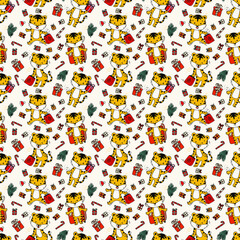 Pattern with cute tiger character with new year elements. Gift, christmas tree, hat, surprise, box.