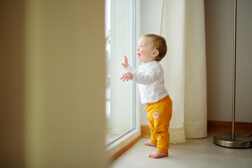 Adorable baby boy standing by the window. Toddler learning how to stand up unassisted.