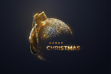 Golden Christmas ball isolated on black background. Merry Christmas banner design.
