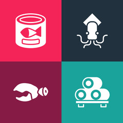 Set pop art Sushi on cutting board, Lobster or crab claw, Octopus and Canned fish icon. Vector