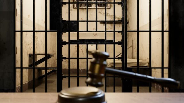 Judge gavel and electric chair in a grim prison setting