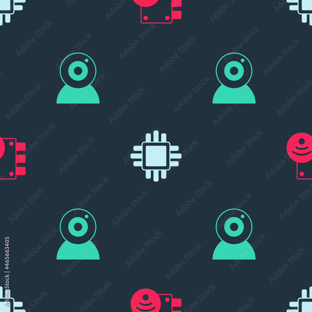 Aufkleber set digital door lock, processor with cpu and web camera on seamless pattern. vector