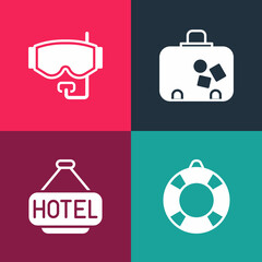 Set pop art Lifebuoy, Signboard with text Hotel, Suitcase and Diving mask icon. Vector