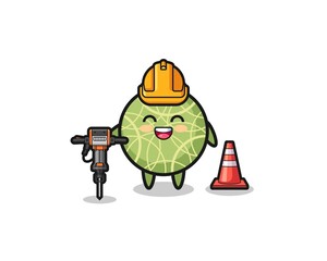 road worker mascot of melon holding drill machine