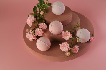 Bath bombs with rose extract.natural cosmetics with rose extract. Beauty and aromatherapy.Flower...