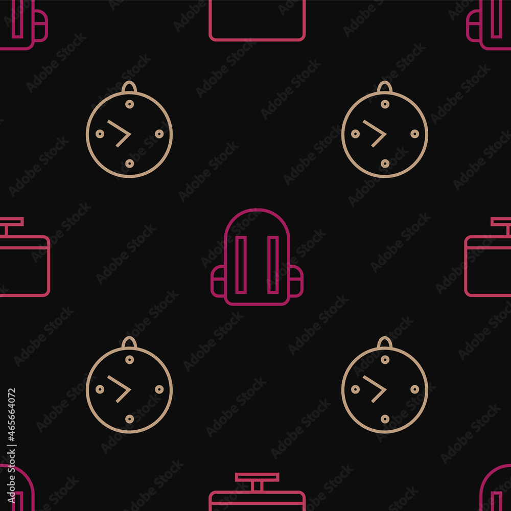 Poster set line computer monitor screen, clock and school backpack on seamless pattern. vector