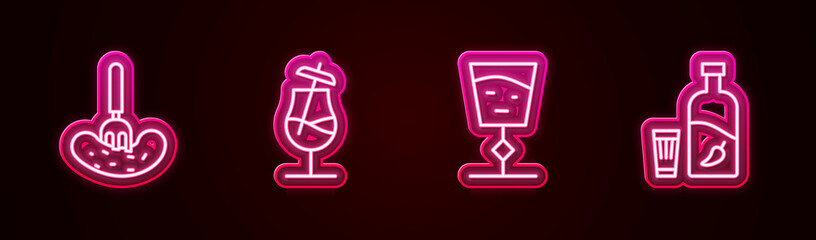 Set line Pickled cucumber on a fork, Cocktail, Wine glass and Vodka with pepper and. Glowing neon icon. Vector