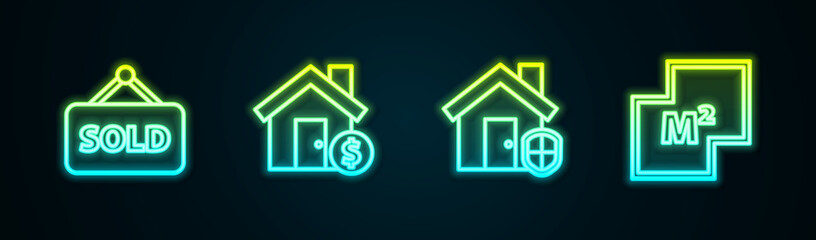 Set line Hanging sign with text Sold, House dollar symbol, under protection and plan. Glowing neon icon. Vector