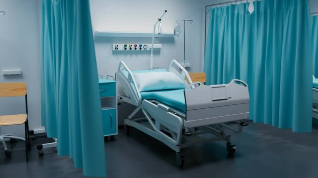 Medical beds at coronavirus hospital. Intensive care beds for covid-19 patients