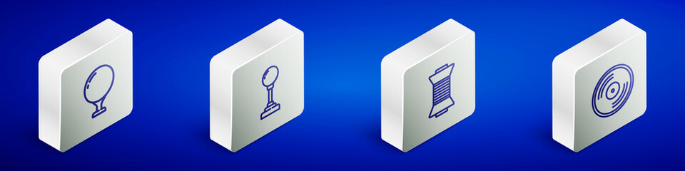 Set Isometric line Golf ball on tee, Joystick for arcade machine, Sewing thread spool and Vinyl disk icon. Vector