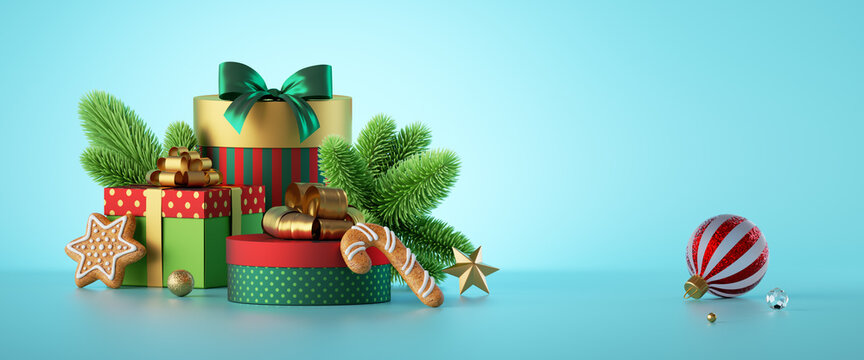 3d render. Winter holiday background. Scene with Christmas ornaments, spruce and gift boxes. Festive horizontal banner