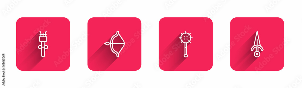 Poster set line torch flame, medieval bow and arrow, chained mace ball and dagger with long shadow. red squ