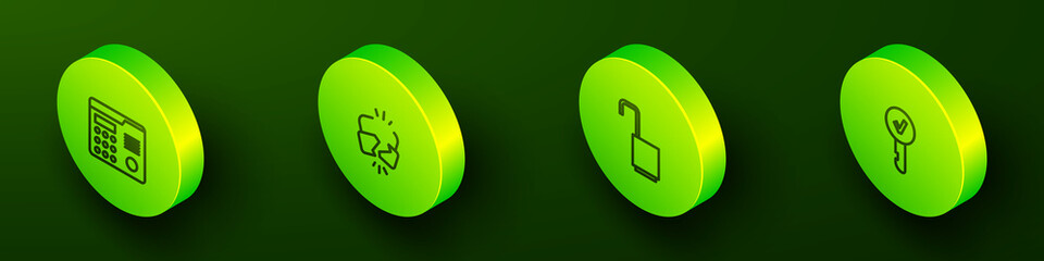Set Isometric line House intercom system, Broken or cracked lock, Open padlock and Key icon. Vector