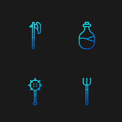 Set line Garden pitchfork, Medieval chained mace ball, axe and Old bottle of wine. Gradient color icons. Vector