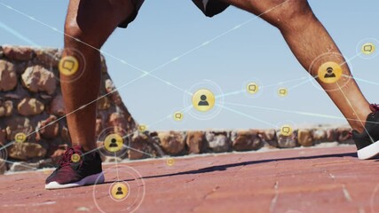 Animation of network of connections over senior african american man running at beach