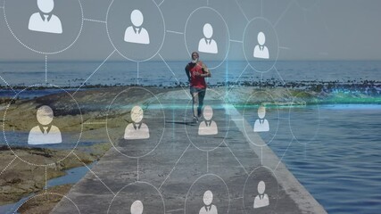 Animation of network of connections over senior african american man running at beach