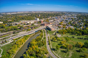 Aerial View of Moorhead, Minnesota on the Red River during Autumn