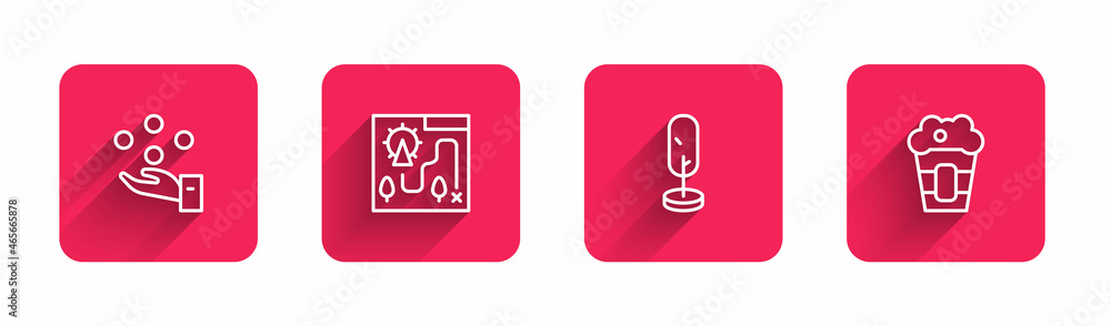 Poster set line juggling ball, amusement park map, tree and popcorn box with long shadow. red square button