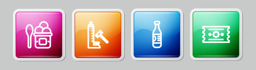 Set line Ice cream in bowl, Striker attraction with hammer, Bottle of water and Ticket. Colorful square button. Vector