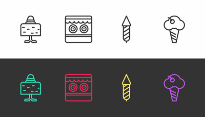 Set line Magic ball on table, Shooting gallery, Firework rocket and Ice cream waffle cone on black and white. Vector