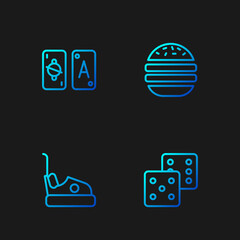 Set line Game dice, Bumper car, Tarot cards and Burger. Gradient color icons. Vector