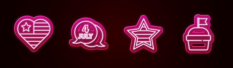 Set line USA Independence day, , and Cake. Glowing neon icon. Vector