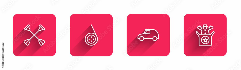 Poster set line arrow with sucker tip, yoyo toy, toy car and jack in the box with long shadow. red square b
