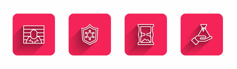 Set line Prisoner, Police badge, Old hourglass and Bribe money bag with long shadow. Red square button. Vector