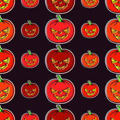 Seamless Halloween pattern. Hand drawn orange pumpkins on red background. Happy holiday cute cartoon character. Greeting card, banner, party invitation design. Vector illustration 