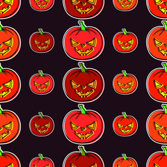Seamless Halloween pattern. Hand drawn orange pumpkins on red background. Happy holiday cute cartoon character. Greeting card, banner, party invitation design. Vector illustration 