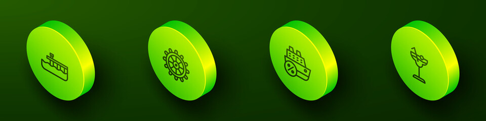 Set Isometric line Beach pier dock, Ship steering wheel, Cruise ship and Cocktail icon. Vector