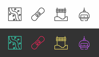 Set line Route location, Snowboard, Ribbon in finishing line and Ski lift on black and white. Vector