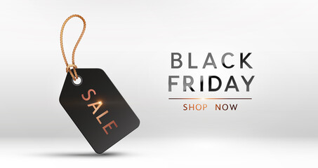 Black Friday Shop now banner and lettering. Realistic label with golden sale, discount tag. Vector white background, poster, special offer