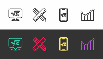 Set line Square root of x glyph, Crossed ruler and pencil, and Graph, schedule, chart, diagram on black and white. Vector