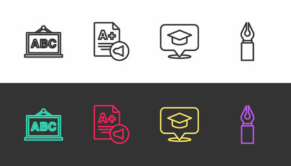 Set line Chalkboard, Exam sheet with A plus grade, Graduation cap in speech bubble and Fountain pen nib on black and white. Vector