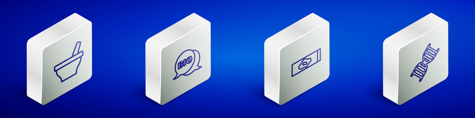 Set Isometric line Mortar and pestle, Bio healthy food, Blood test virus and DNA symbol icon. Vector