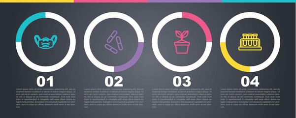 Set line Medical protective mask, Virus, Plant in pot and Test tube and flask. Business infographic template. Vector