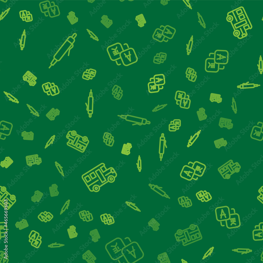 Poster set line pen, school bus and translator on seamless pattern. vector
