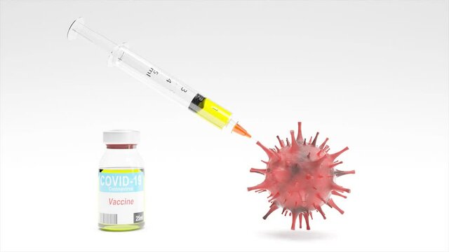 Medical syringe with a needle and a bollte with vaccine. 3D video