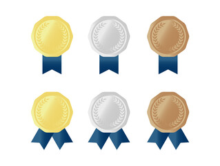 青いリボンと月桂冠をあしらった金銀銅メダルセット