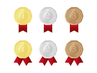 赤いリボンと月桂冠をあしらった金銀銅のランキングメダルセット