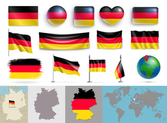 Set of Germany flags of various shapes and maps. Realistic waving German flag on pole, table flag, glossy 3d buttons and highly detailed map, globe with identification of Germany vector illustration