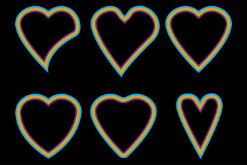 Different heart icons set. Colorful neon frame. Black background. Love symbol. Vector illustration. Stock image. 