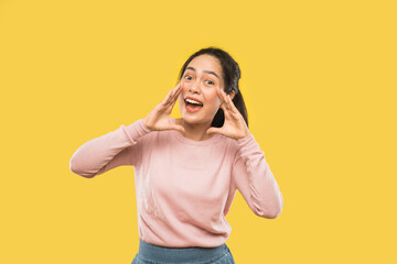 asian woman screaming with two hands near mouth