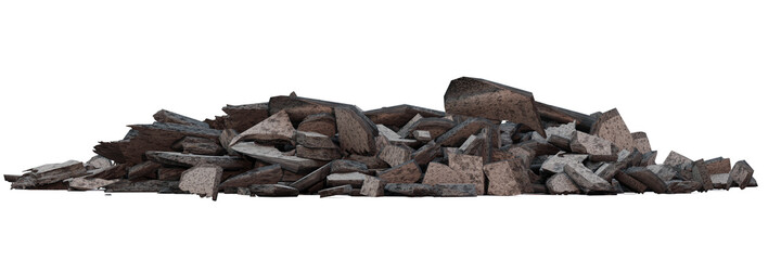 pile of concrete debris, rubble heap isolated on white background banner