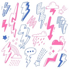 Set of thunder bolt in doodle style vector illustration