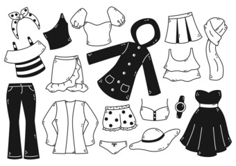Hand drawn Woman clothes doodle set isolated on white background