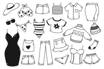 Hand drawn Woman clothing doodle set isolated on white background