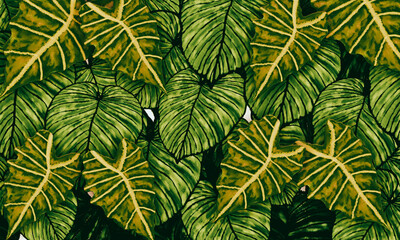 Fototapeta na wymiar fresh green tropical leaves spring nature wallpaper watercolor digital paint hand drawn design background