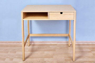 Wooden console table with storage stands indoors.